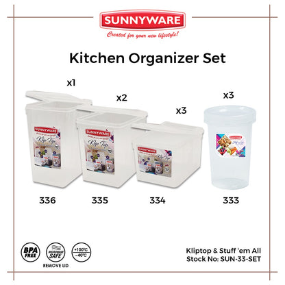 Sunnyware 336 Kitchen Organizer set kliptop & stuff em all | Klip Top Canister | Plastic Ware