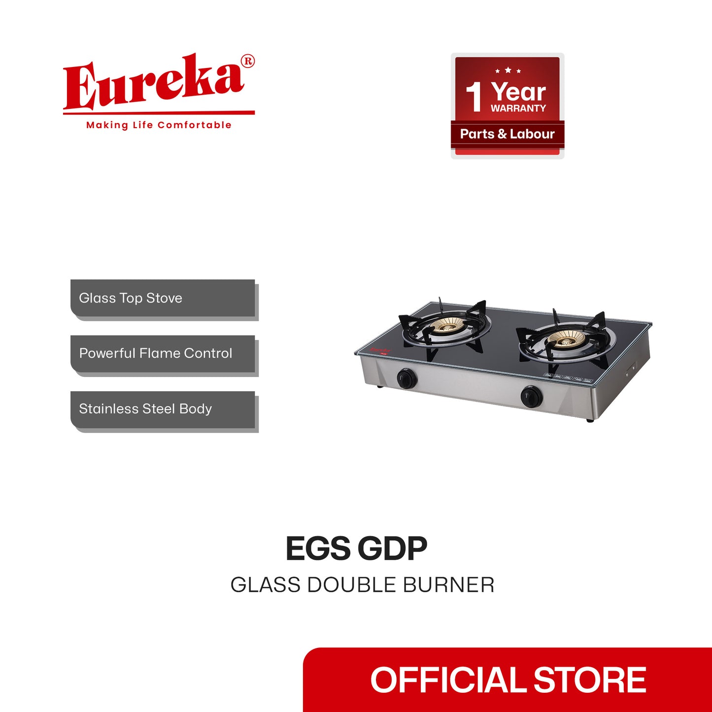 Eureka Glass Double Burner EGS GDP - Black