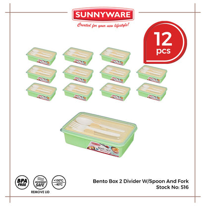 12pcs Bento Box 2 Divider w/ Spoon and Fork [Sunnyware 516] | Plasticware | Lunch Box | Food Keeper