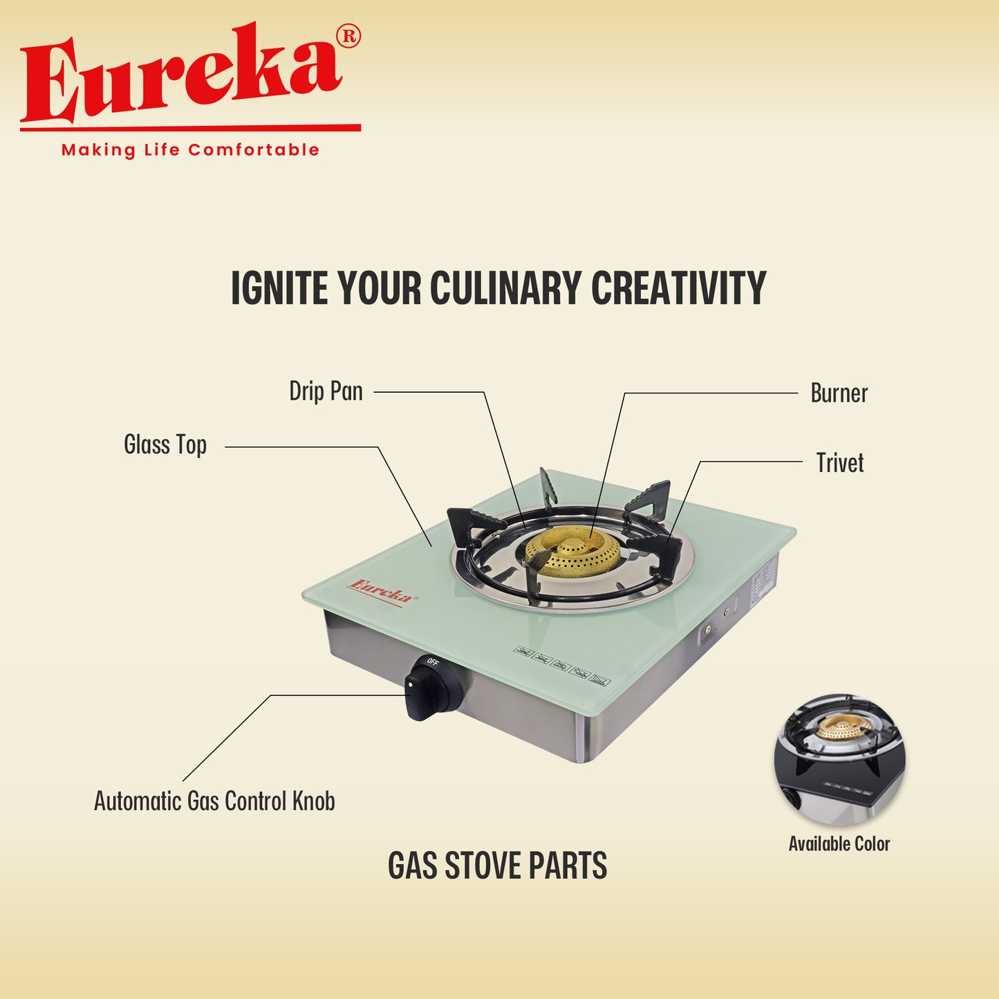 Eureka Single Burner Glass Top Stove Automatic Ignition Stainless Steel Body EGS GSR - Clear/Black