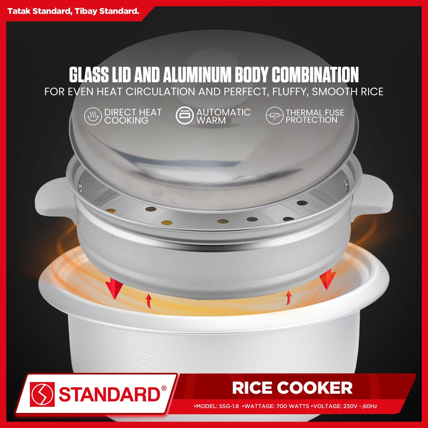 Standard Rice Cooker 1.8 Liters with Steamer 10 Cups Rice with Measuring Cup & Rice Ladle