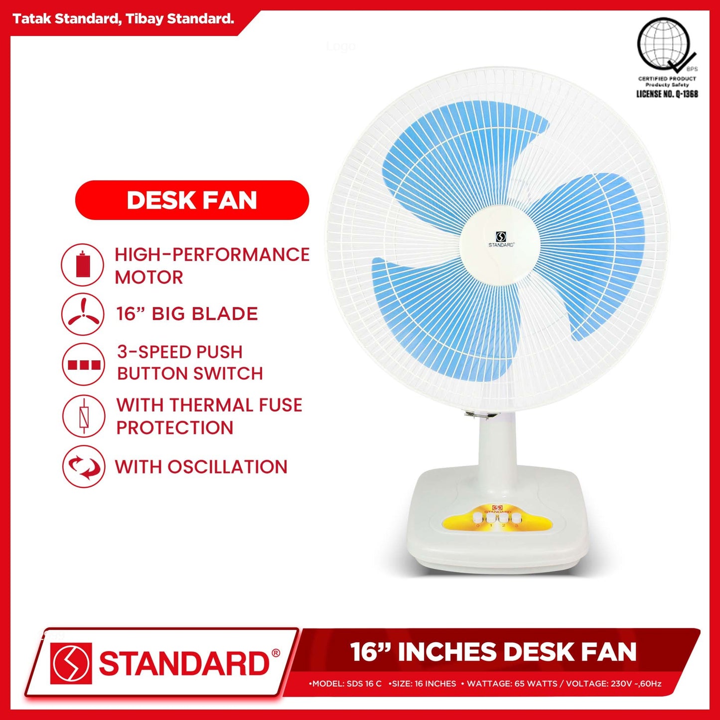 Standard Desk Fan 16" Big Plastic Blade