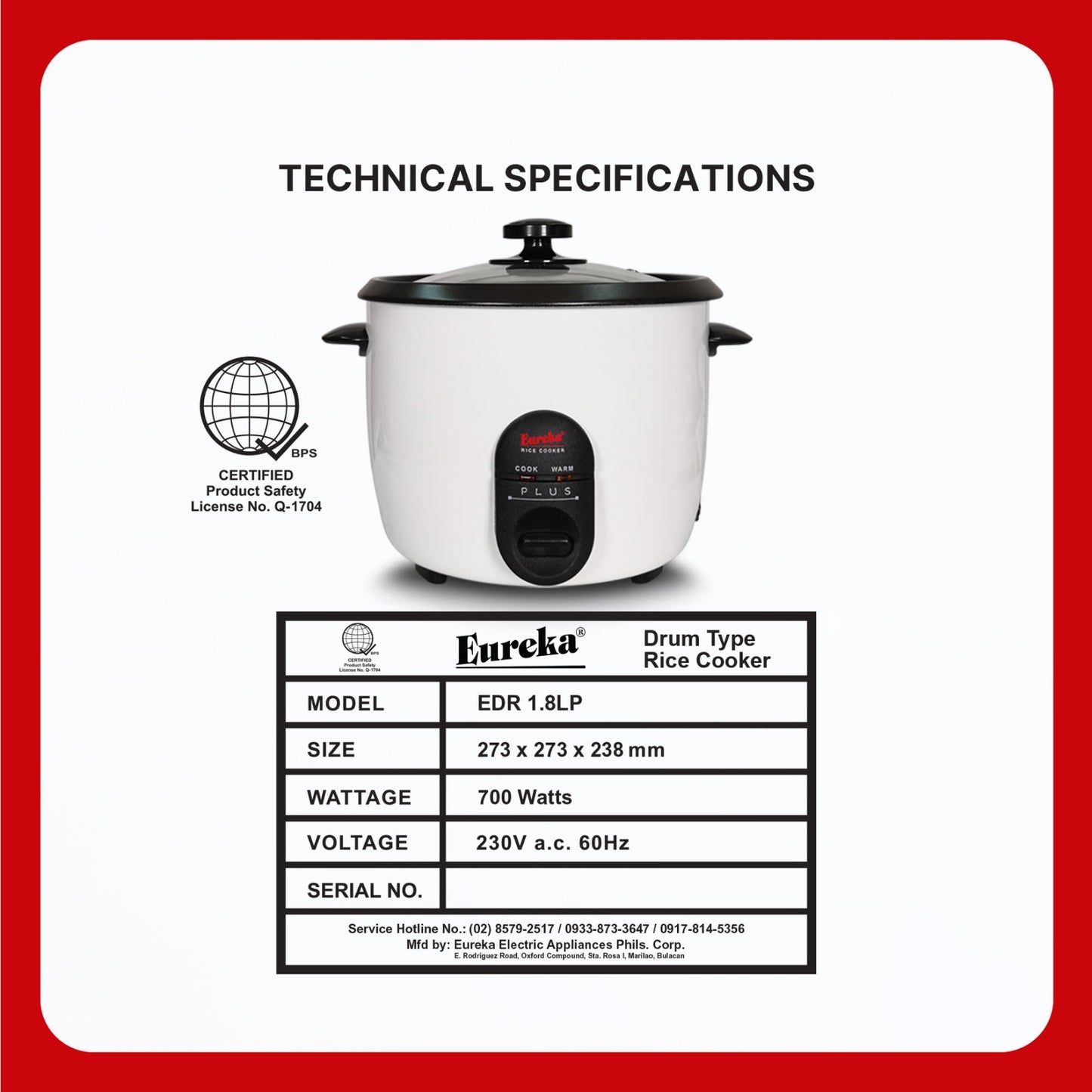 Eureka Rice Cooker Drum Type 9-Cups Suitable For 1–6 People 1.0L P | 1.5L P | 1.8L P