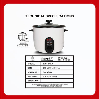 Eureka Rice Cooker Drum Type 9-Cups Suitable For 1–6 People 1.0L P | 1.5L P | 1.8L P