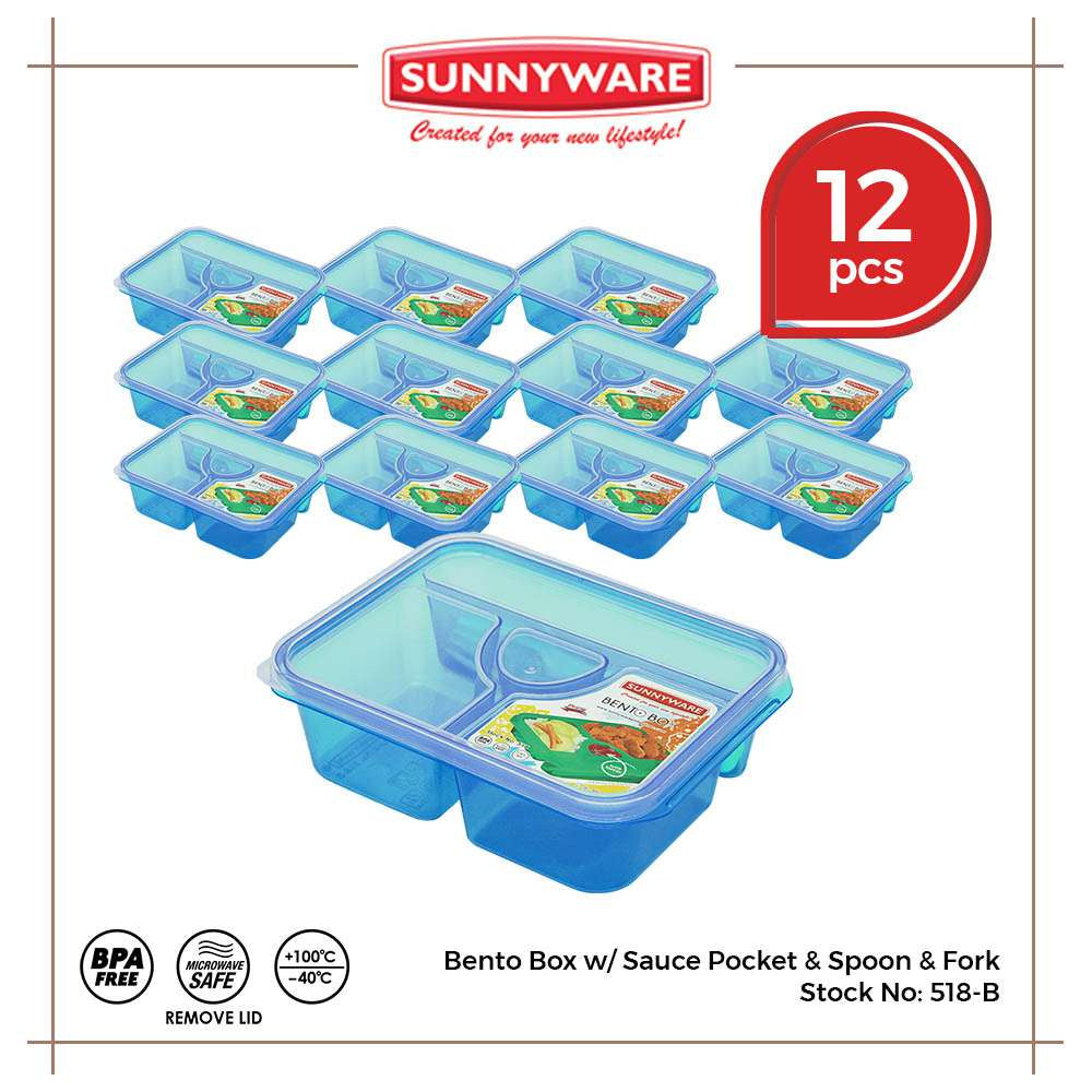 12pcs Big Bento Box w/ Sauce Pocket & Spoon & Fork [Sunnyware 518-B] |Plasticware|Lunch Box|BPA Free