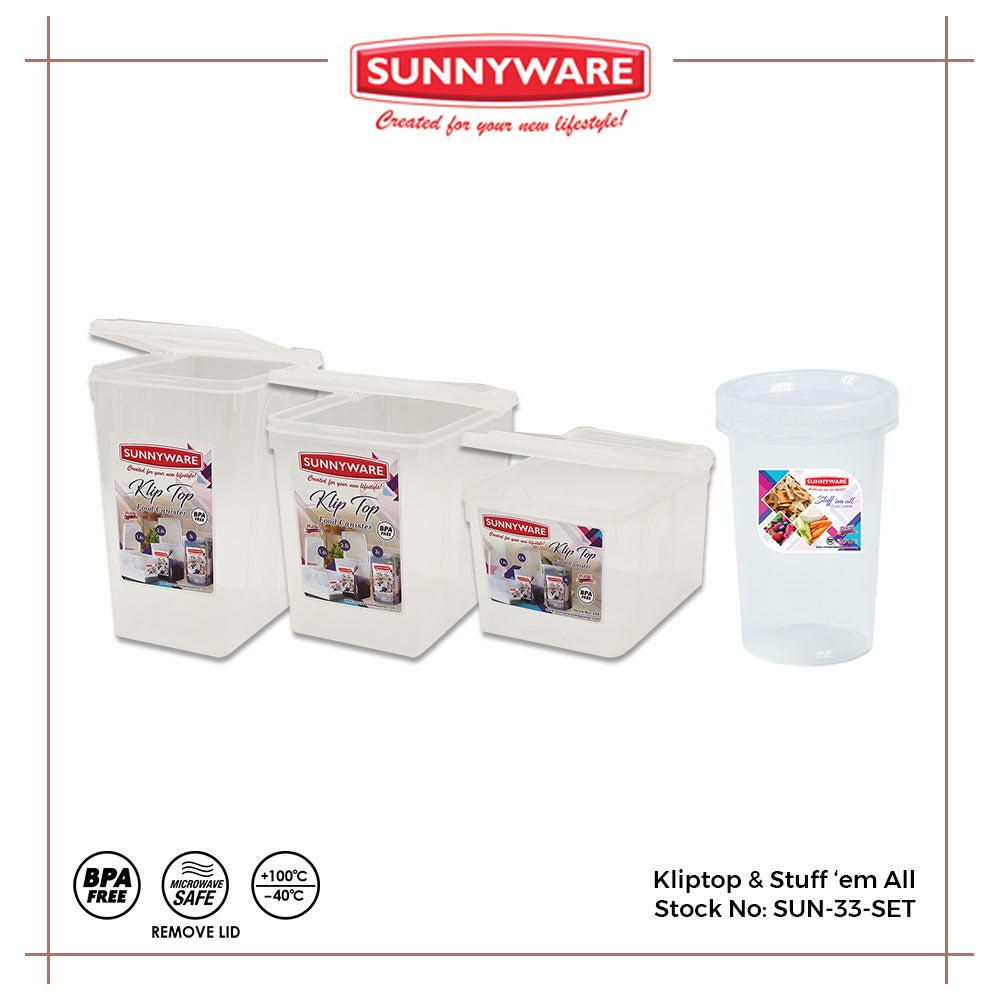 Sunnyware 336 Kitchen Organizer set kliptop & stuff em all | Klip Top Canister | Plastic Ware