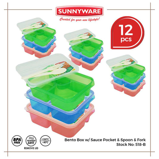 12pcs Big Bento Box w/ Sauce Pocket & Spoon & Fork [Sunnyware 518-B] |Plasticware|Lunch Box|BPA Free