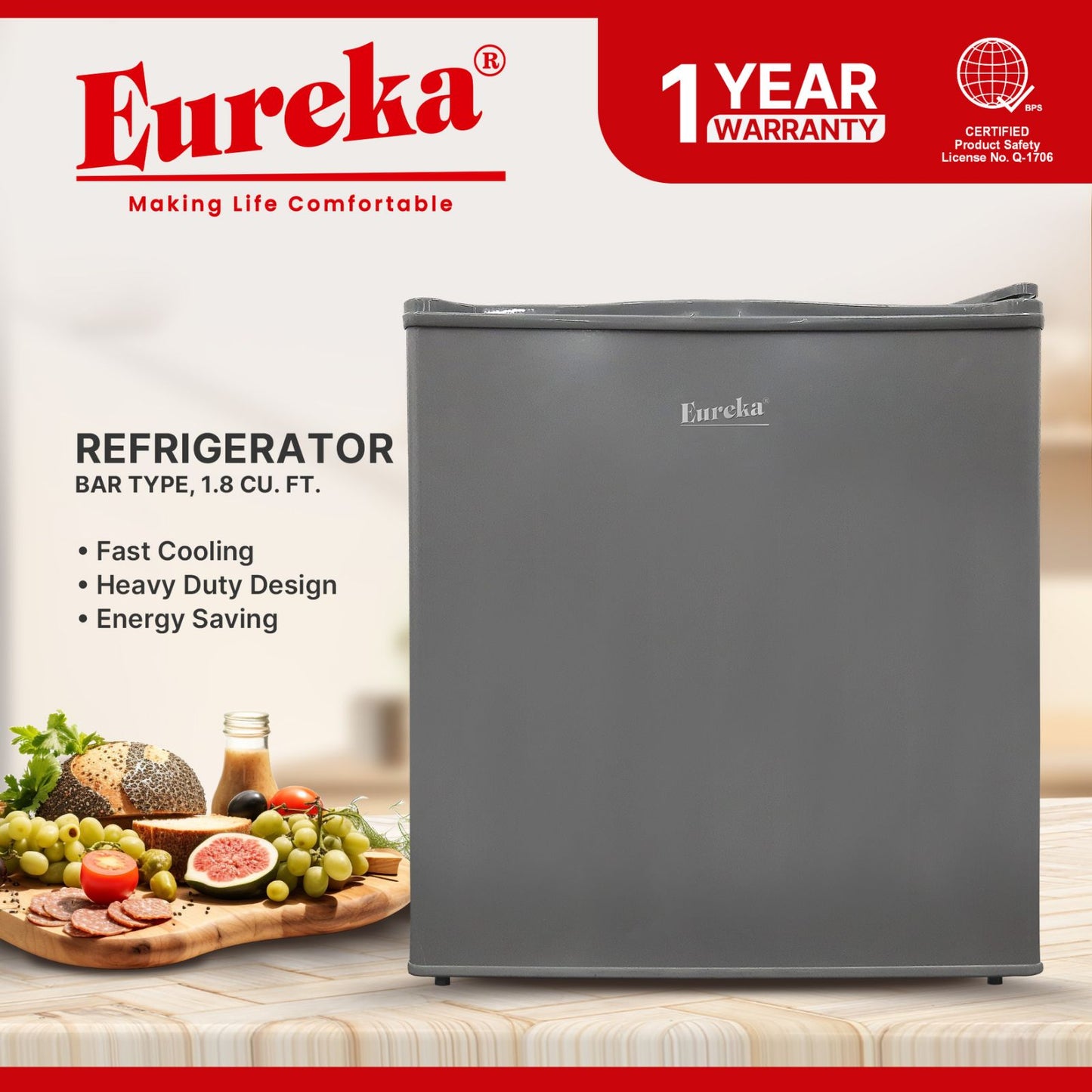 Eureka Minimalist Bar Refrigerator 1.8 Cubic Ft. EBR K18 BLACK/GRAY