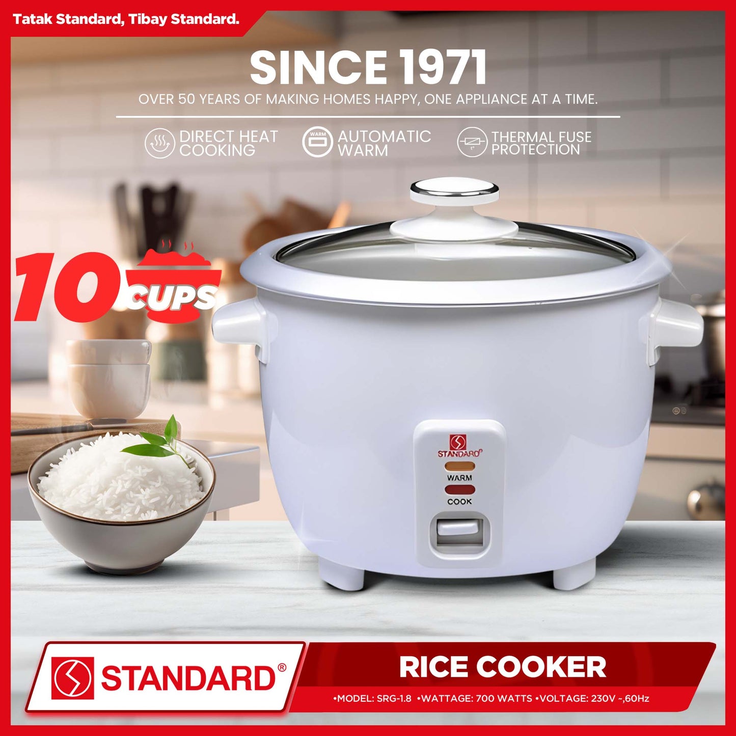 Standard Rice Cooker 1.8L Plain White