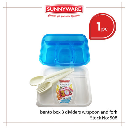 1 pc Sunnyware 508 Bento Box 3 Divisions Lunch Box w/ Spoon Fork