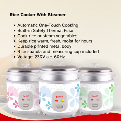 Eureka Rice Cooker With Steamer 10-Cups Suitable For 1–10 People ERC 2.5 LM Random Color