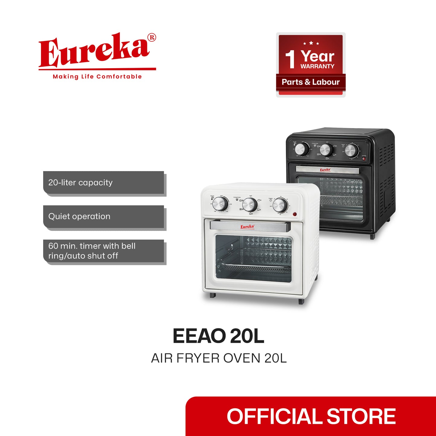 Eureka 20L Air Fryer Oven High Capacity Electric Toaster Bake Grill EEAO 20L - BLACK/WHITE