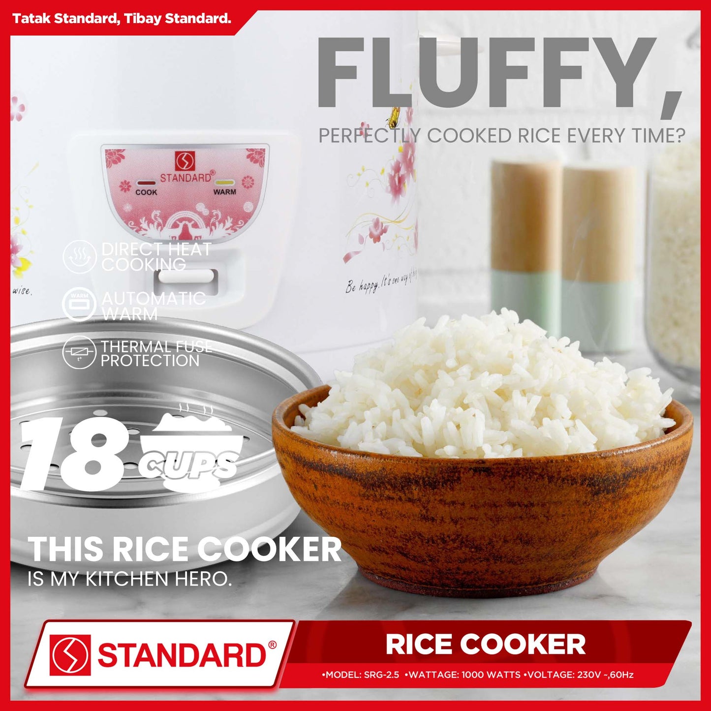 Standard Rice Cooker 2.5 Liters with Steamer 18 Cups Rice with Measuring Cup & Rice Ladle