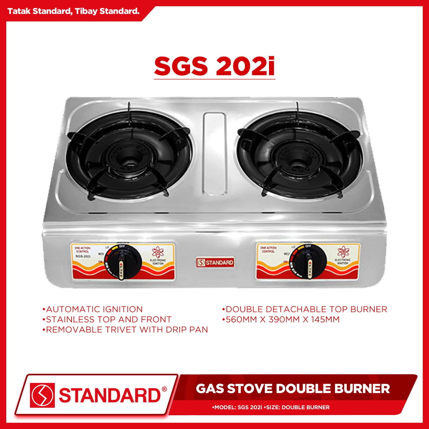 Standard Gas Stove Double Burner LPG Stove Stainless Steel (Automatic Ignition) SGS-202i