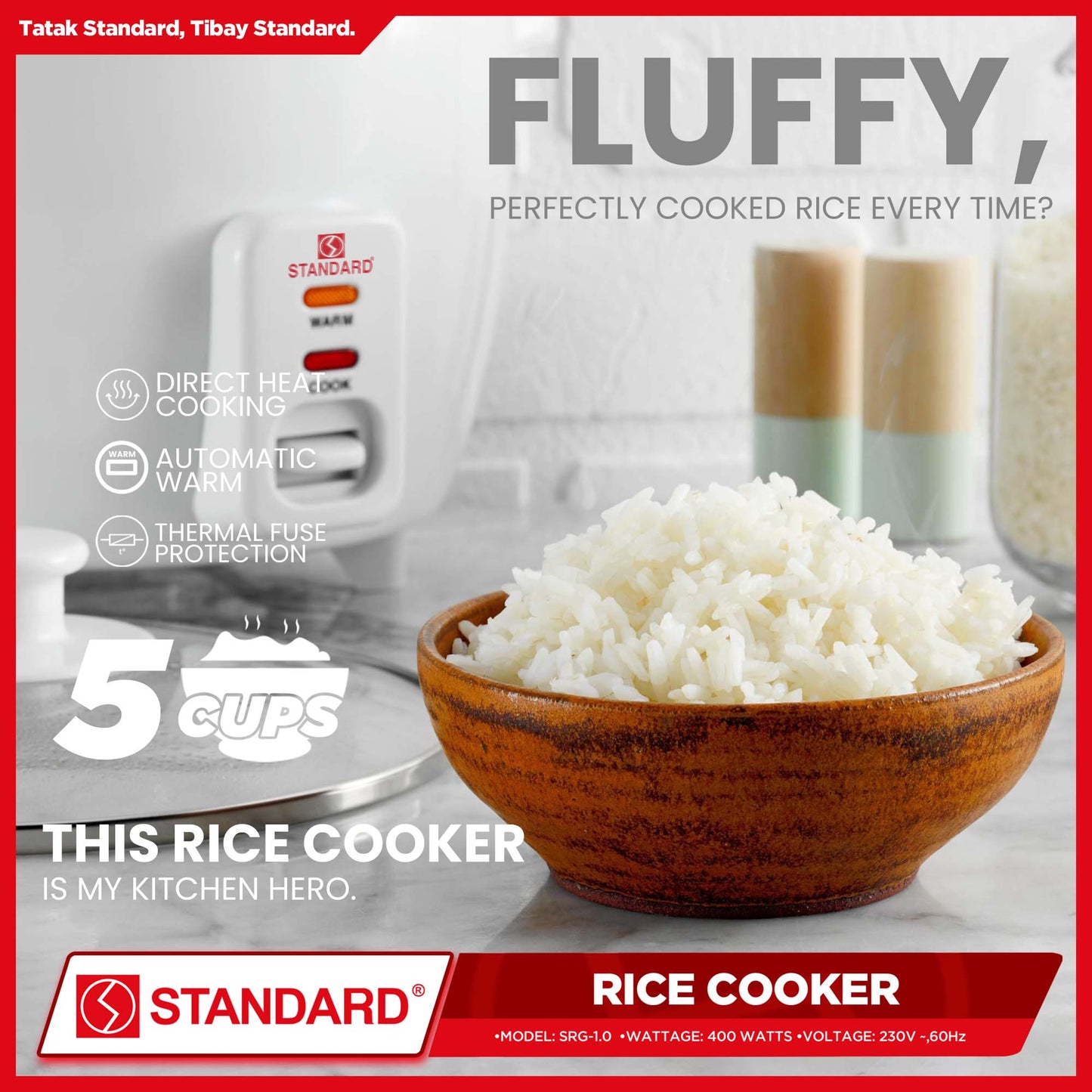 Standard Rice Cooker 1 Liter 5 Cups Rice with Measuring Cup & Rice Ladle