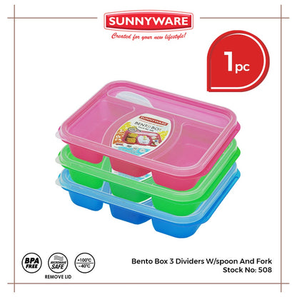 1 pc Sunnyware 508 Bento Box 3 Divisions Lunch Box w/ Spoon Fork