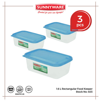 3pcs 1.6 L Rectangular Food Keeper [Sunnyware 403] |Plasticware | Food Storage and Keeper | BPA Free