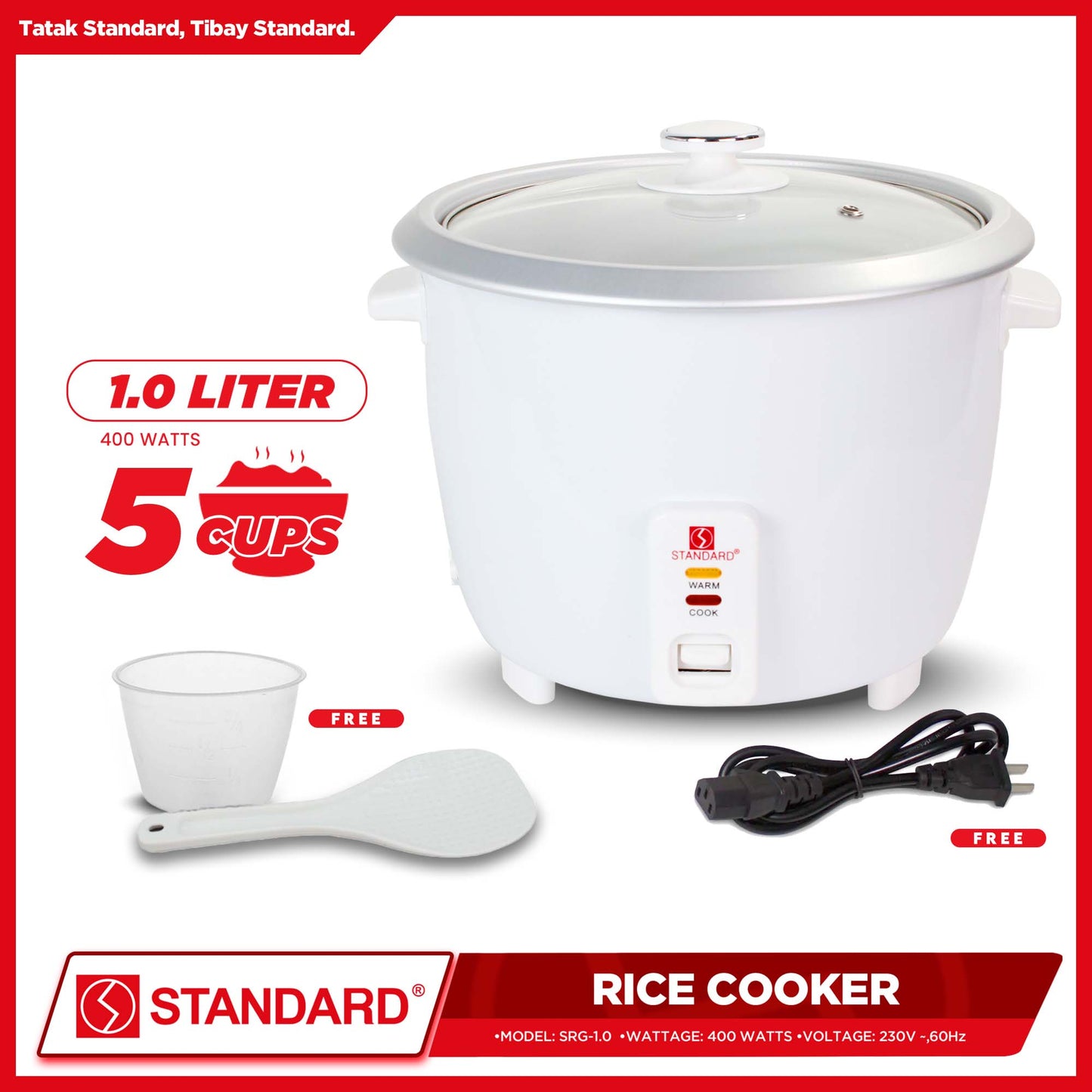 Standard Rice Cooker 1 Liter 5 Cups Rice with Measuring Cup & Rice Ladle