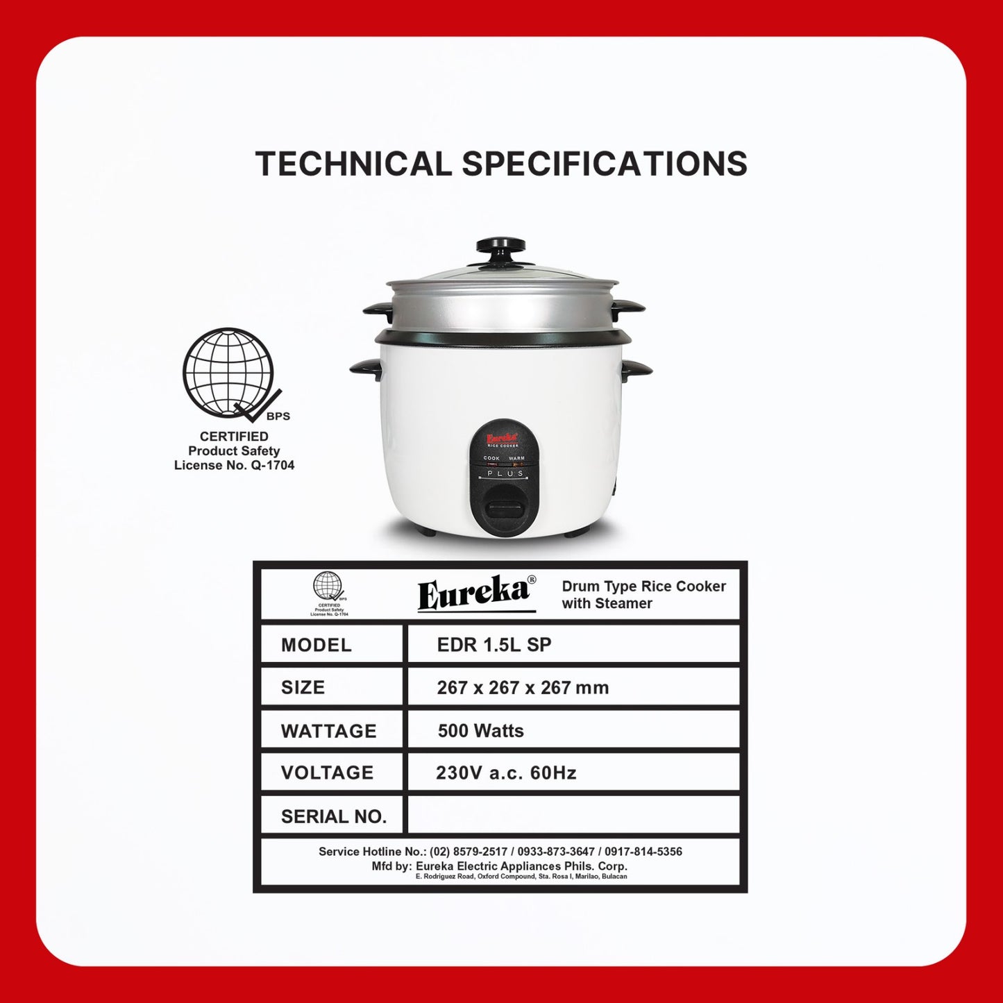 Eureka Rice Cooker Drum Type With Steamer 9-Cups Suitable For 1–6 People 1.0L & 1.5L & 1.8L SP