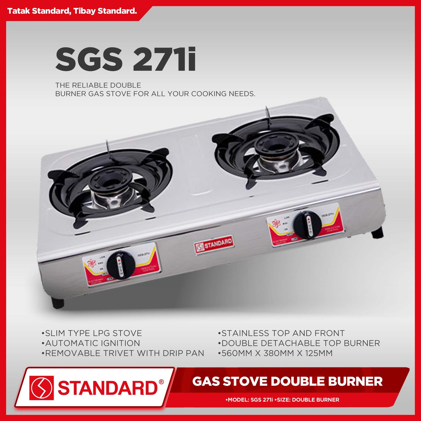 Standard Gas Stove Double Burner LPG Stove Stainless Steel (Slim Type) SGS-271i