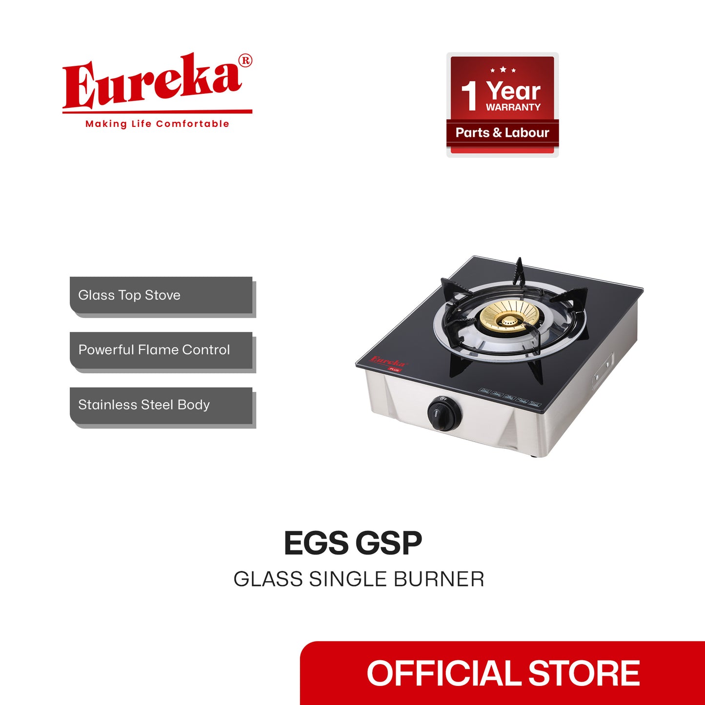 Eureka Glass Single Burner EGS GSP - Black