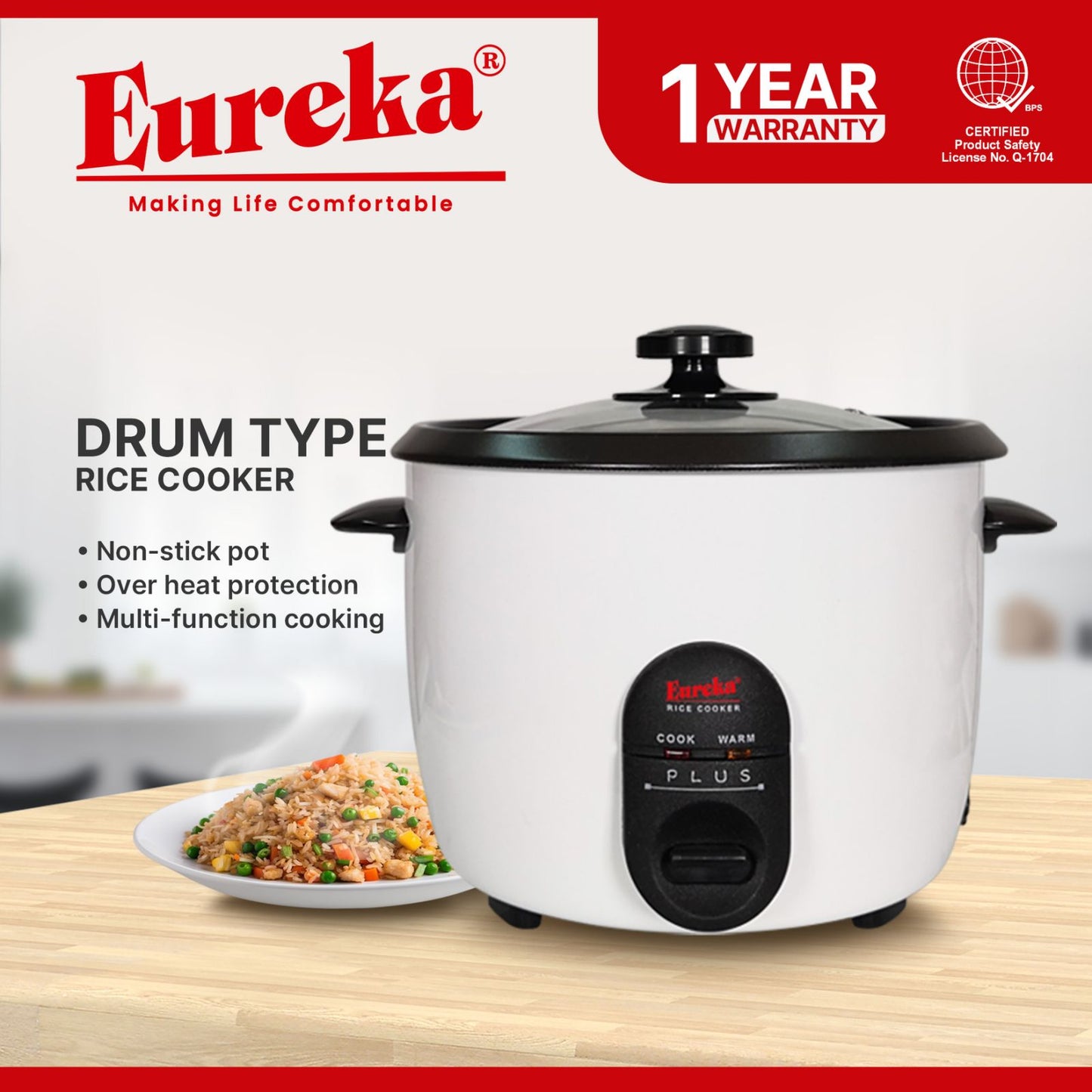 Eureka Rice Cooker Drum Type 9-Cups Suitable For 1–6 People 1.0L P | 1.5L P | 1.8L P