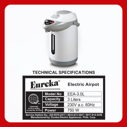 Eureka Electric Airpot Thermos 3 Easy Way Dispense EEA 3.0L