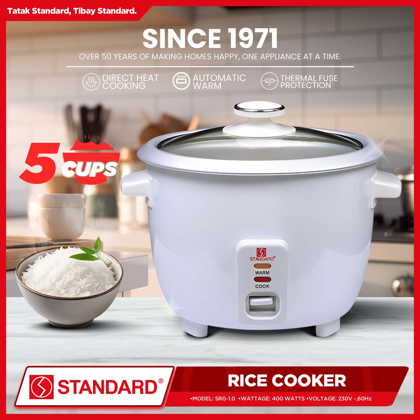 Standard Rice Cooker 1 Liter 5 Cups Rice with Measuring Cup & Rice Ladle