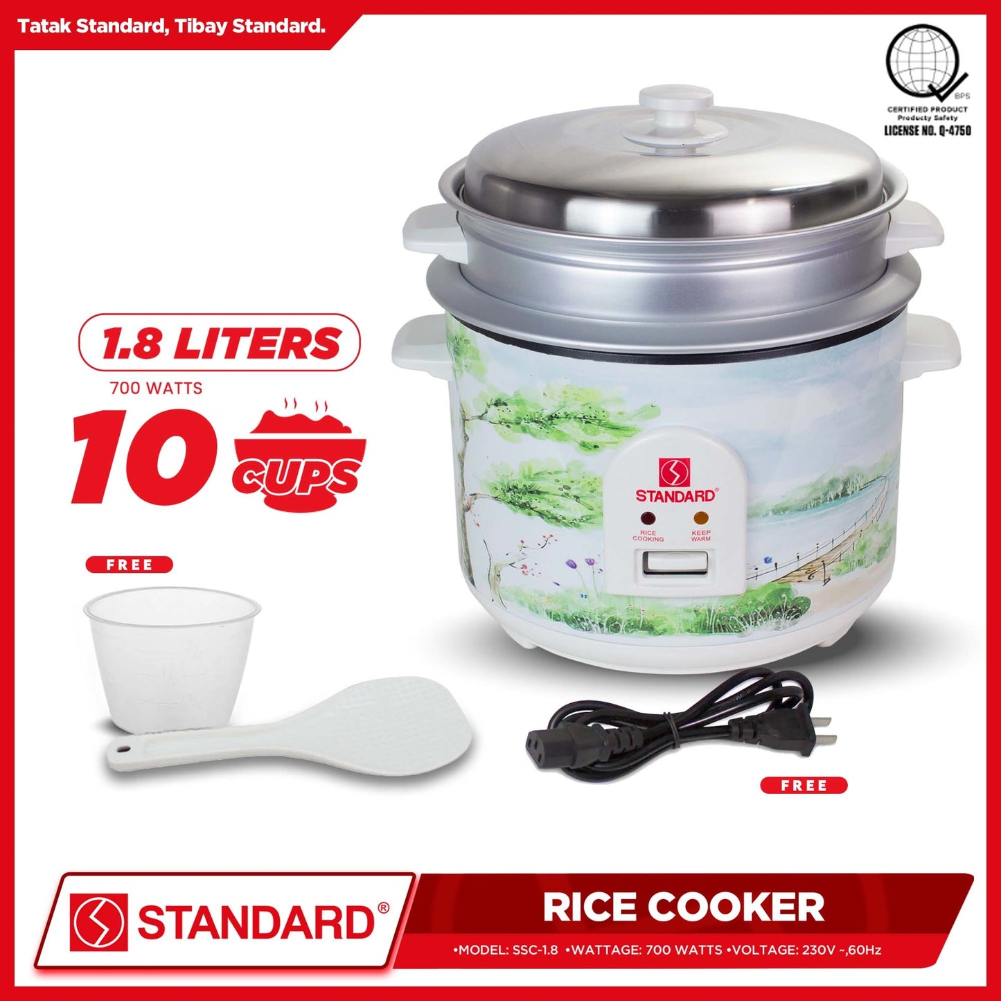 Standard Rice Cooker 1.8L 10 Cups Rice with Measuring Cup & Rice Ladle