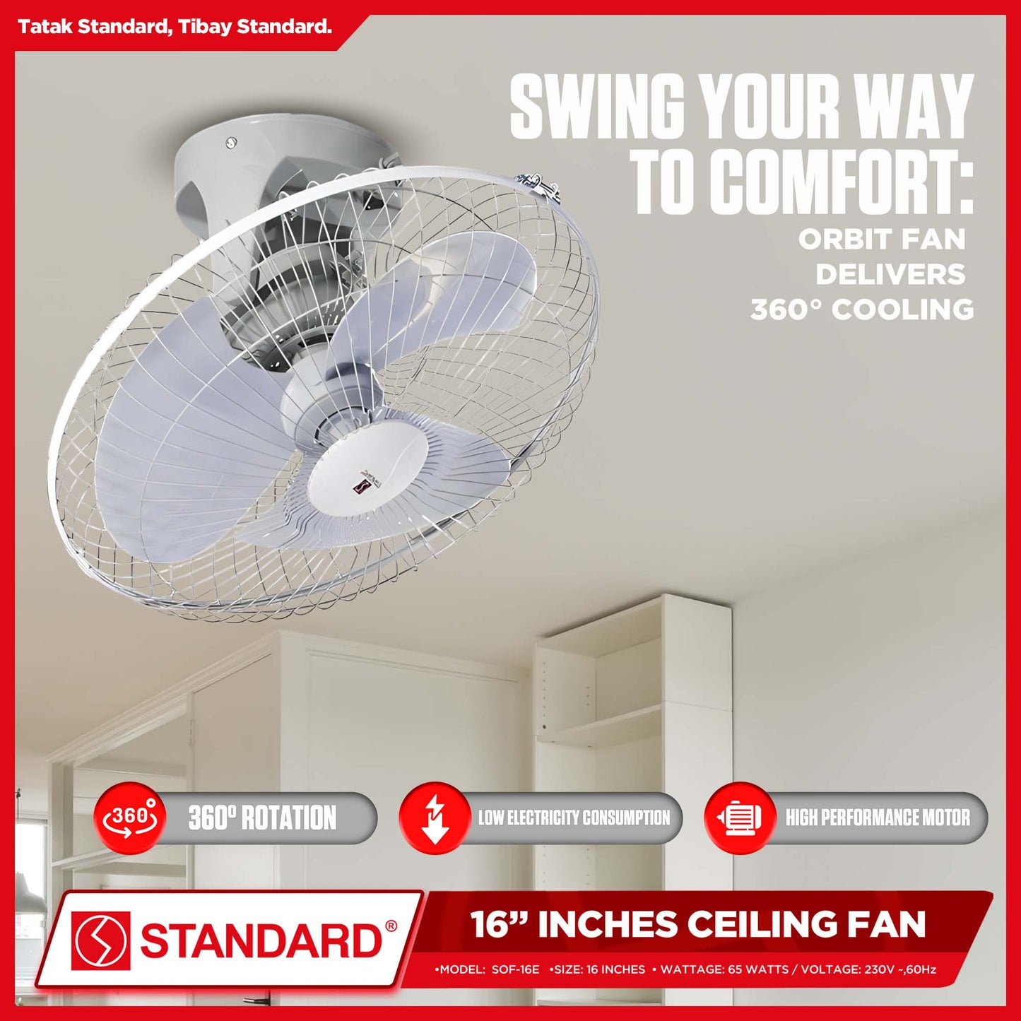 Standard Orbit Fan / Ceiling Fan 16" Plastic Blade (4 Speed Switch) SOF-16E