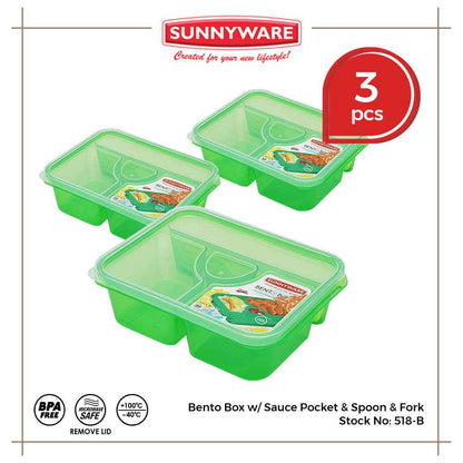 3pcs Big Bento Box w/ Sauce Pocket & Spoon & Fork [Sunnyware 518-B] |Plasticware|Lunch Box |BPA Free