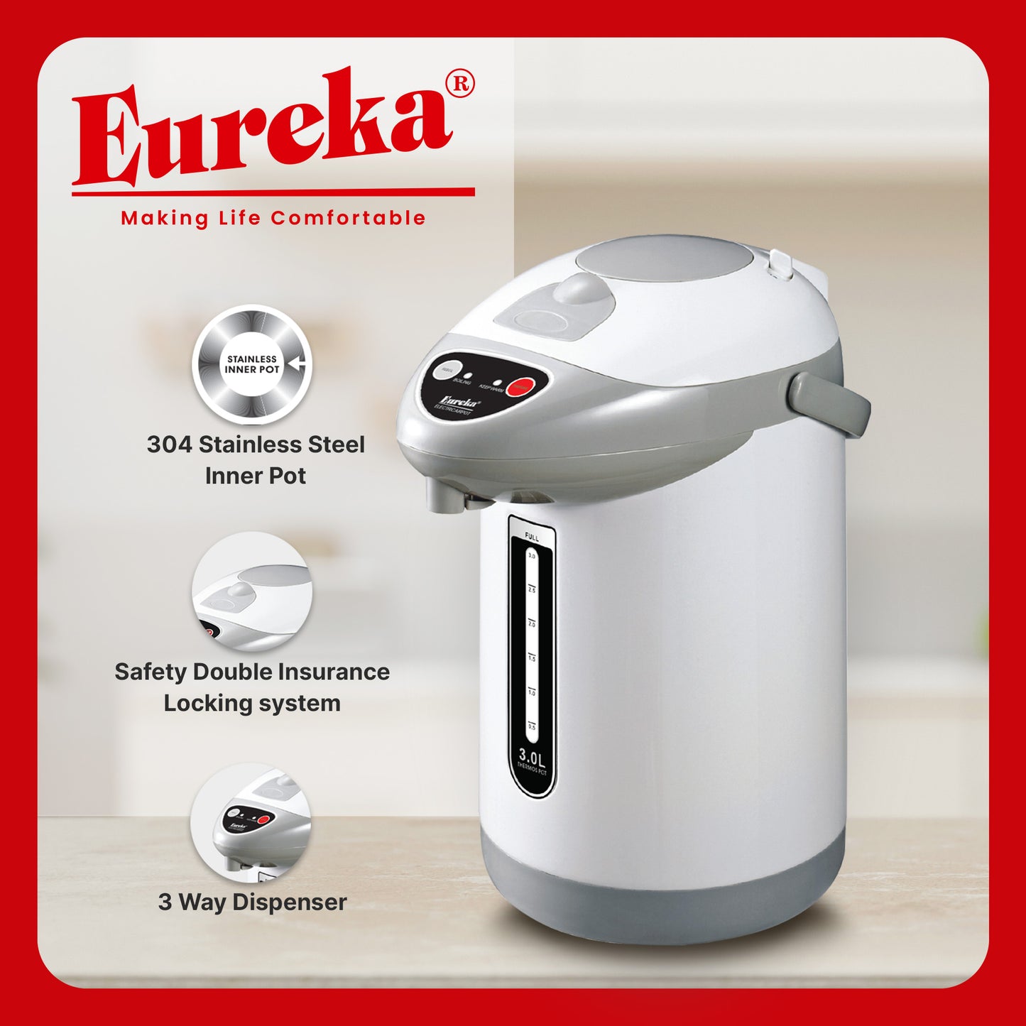 Eureka Electric Airpot Thermos 3 Easy Way Dispense EEA 3.0L