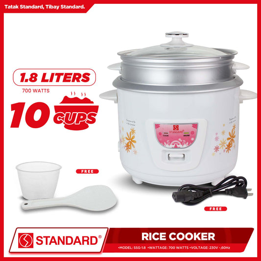 Standard Rice Cooker 1.8 Liters with Steamer 10 Cups Rice with Measuring Cup & Rice Ladle