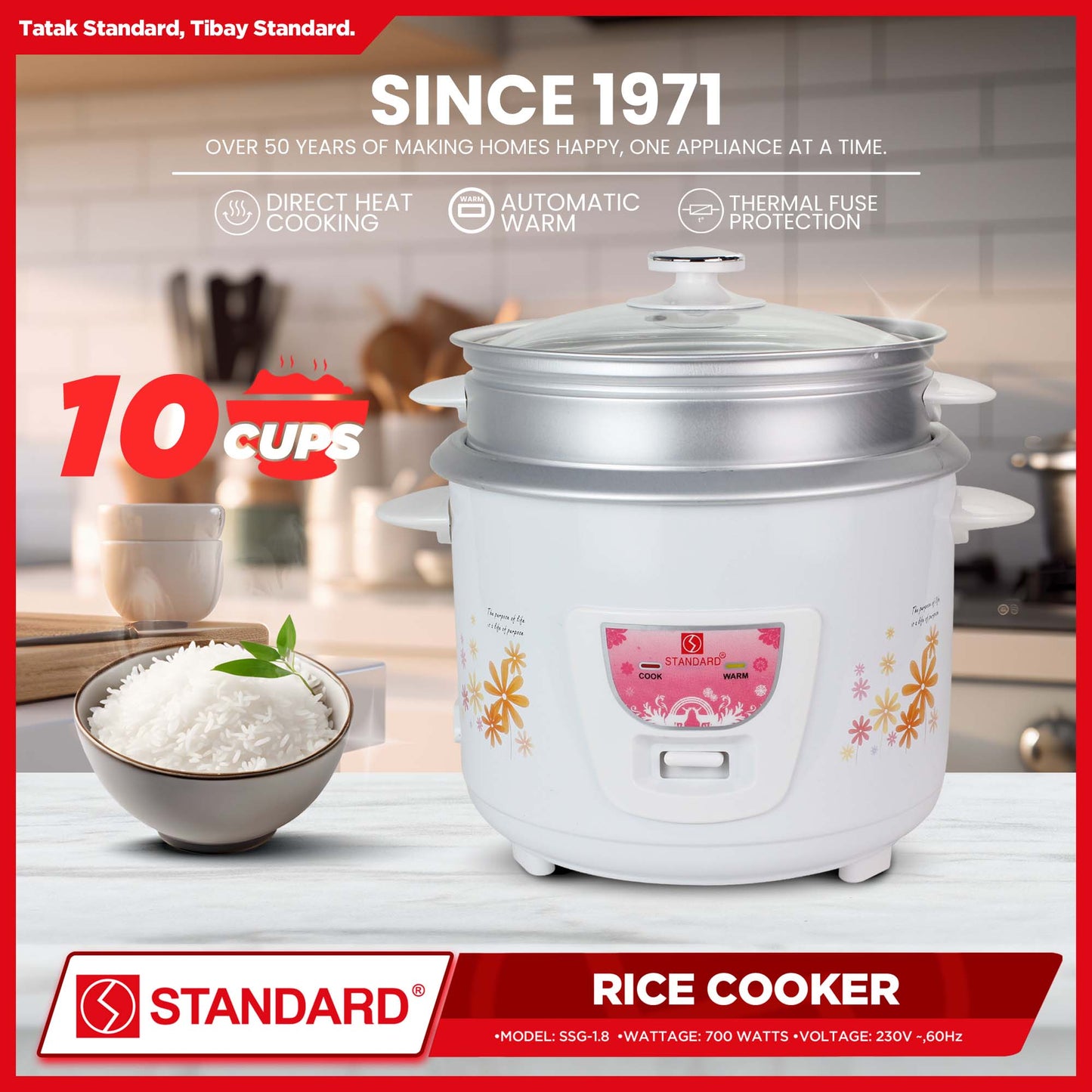 Standard Rice Cooker 1.8 Liters with Steamer 10 Cups Rice with Measuring Cup & Rice Ladle