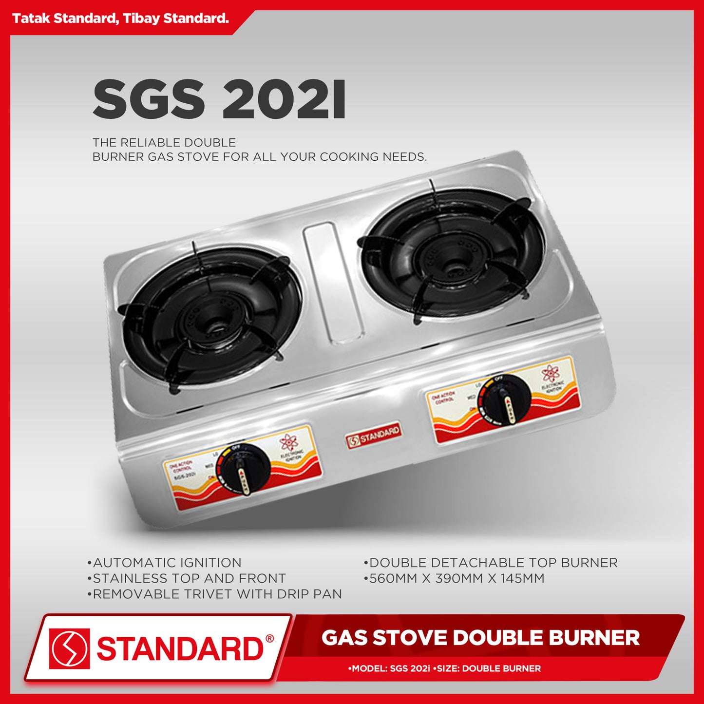 Standard Gas Stove Double Burner LPG Stove Stainless Steel (Automatic Ignition) SGS-202i