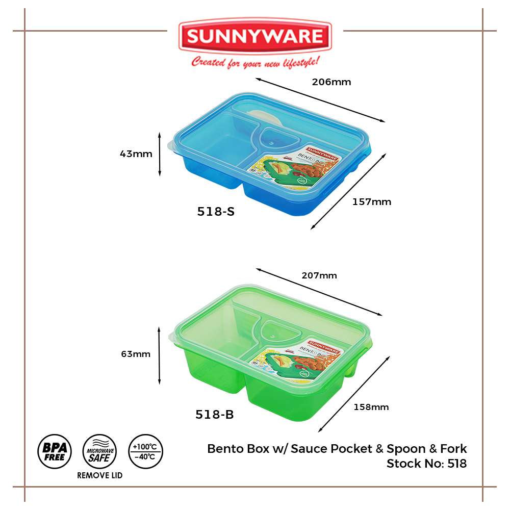 3pcs Big Bento Box w/ Sauce Pocket & Spoon & Fork [Sunnyware 518-B] |Plasticware|Lunch Box |BPA Free