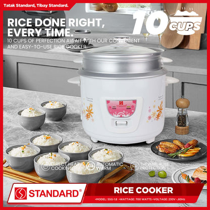 Standard Rice Cooker 1.8 Liters with Steamer 10 Cups Rice with Measuring Cup & Rice Ladle