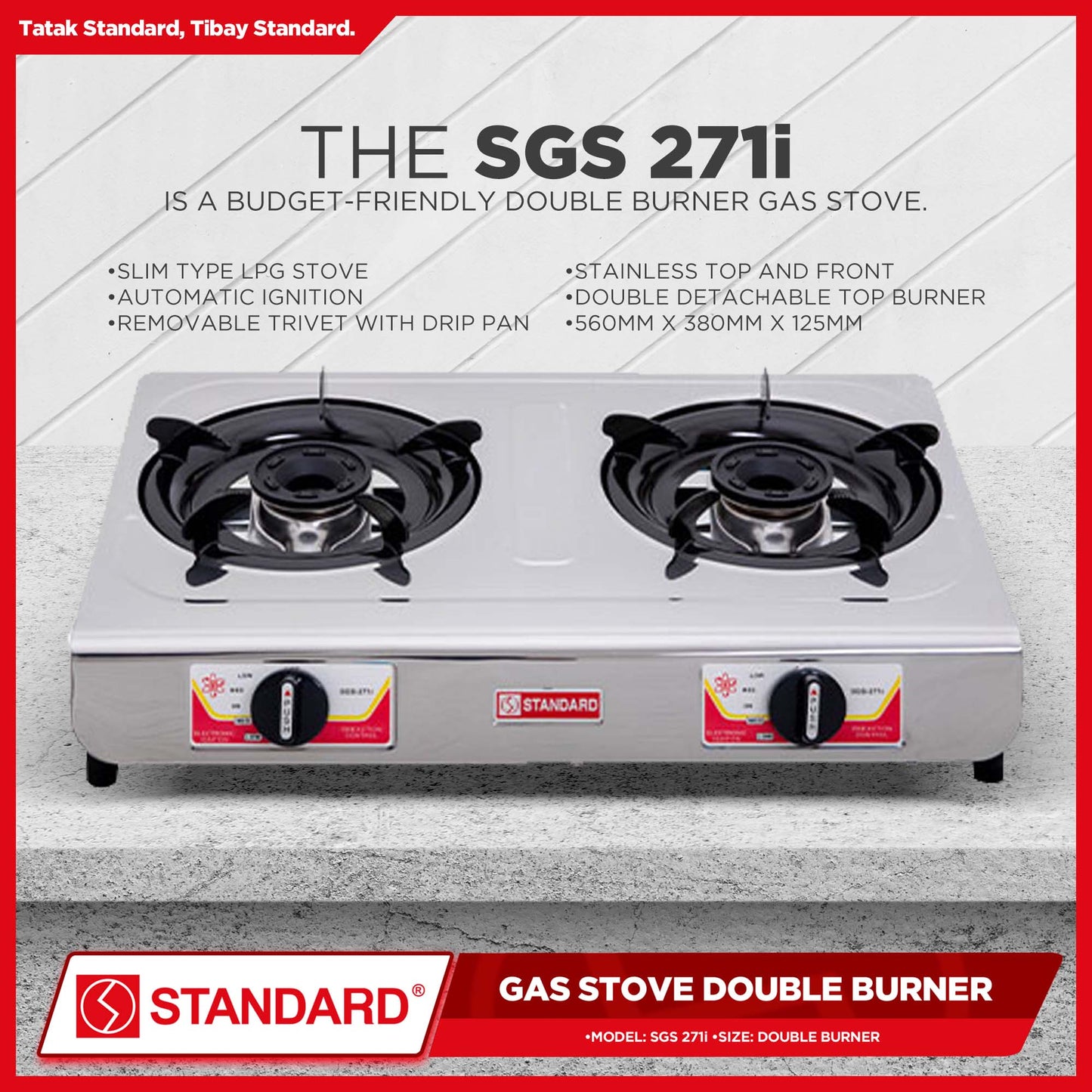 Standard Gas Stove Double Burner LPG Stove Stainless Steel (Slim Type) SGS-271i