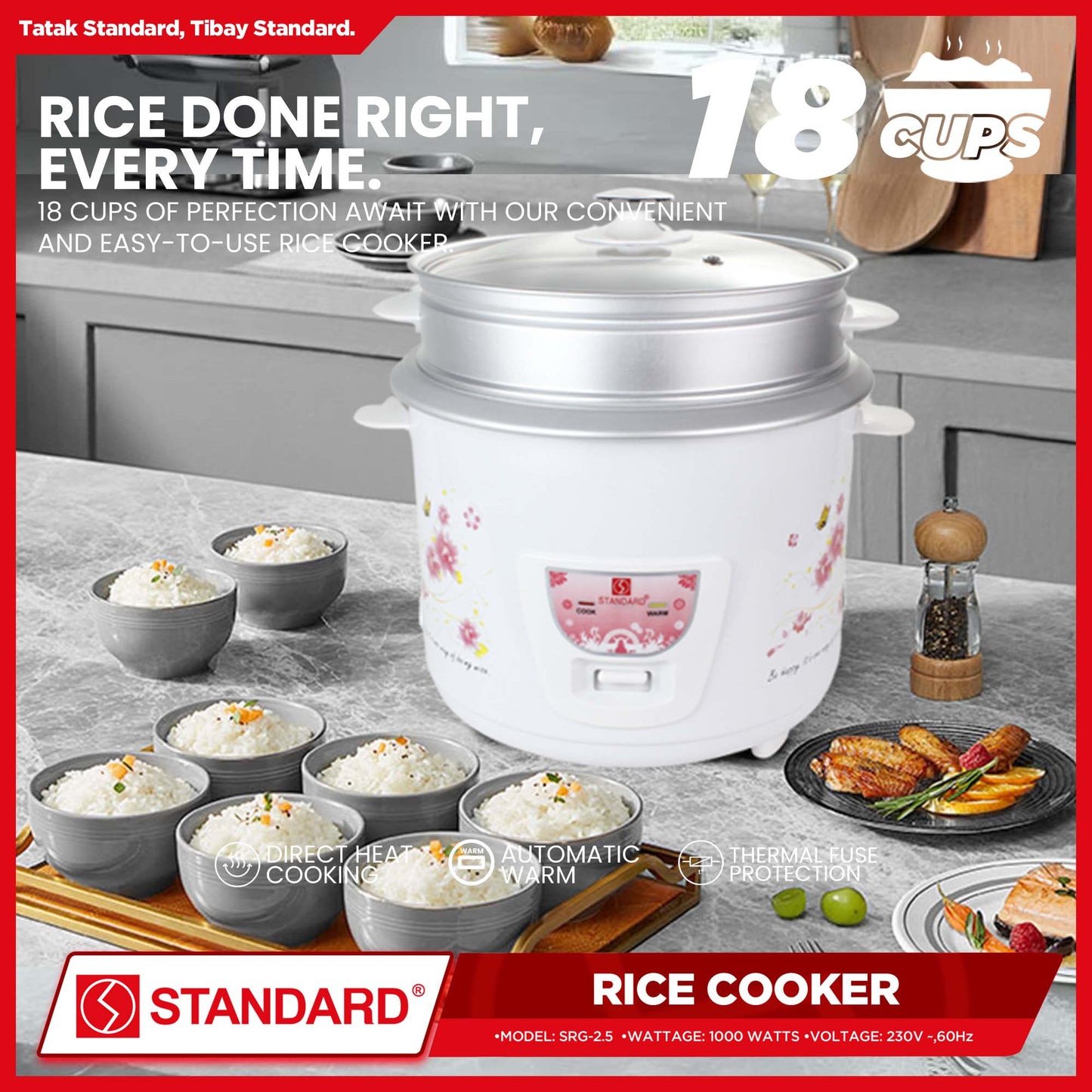 Standard Rice Cooker 2.5 Liters with Steamer 18 Cups Rice with Measuring Cup & Rice Ladle