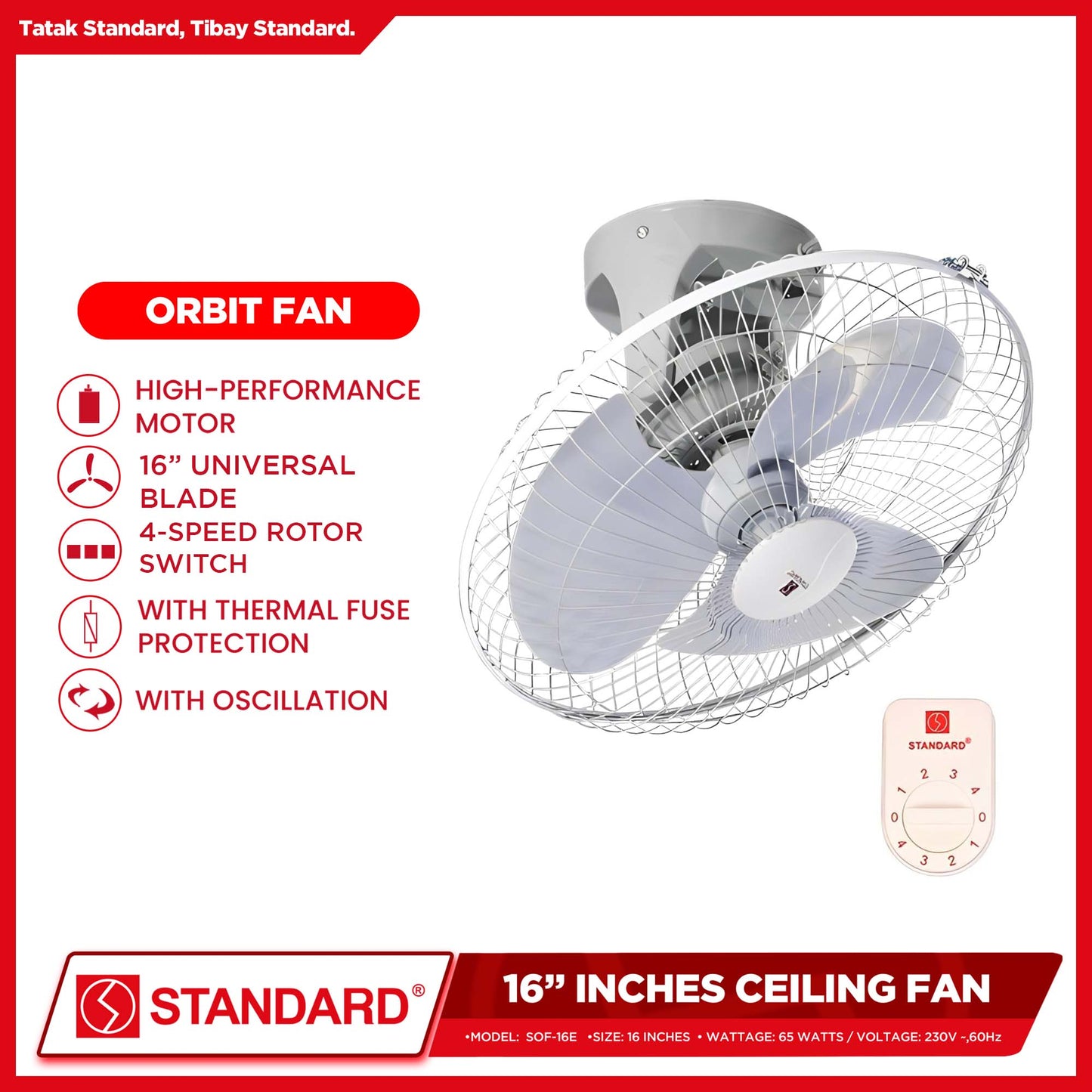 Standard Orbit Fan / Ceiling Fan 16" Plastic Blade (4 Speed Switch) SOF-16E