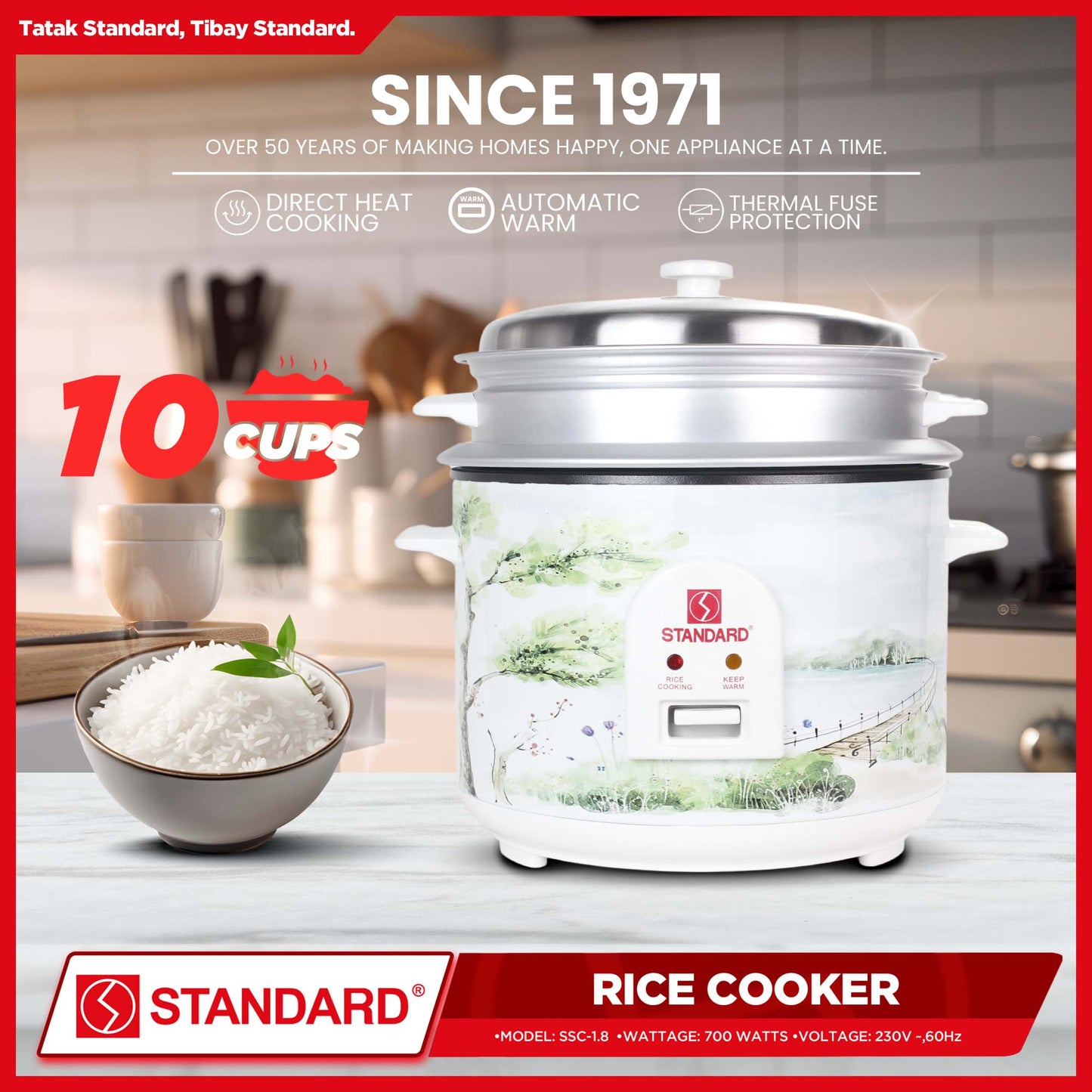 Standard Rice Cooker 1.8L 10 Cups Rice with Measuring Cup & Rice Ladle