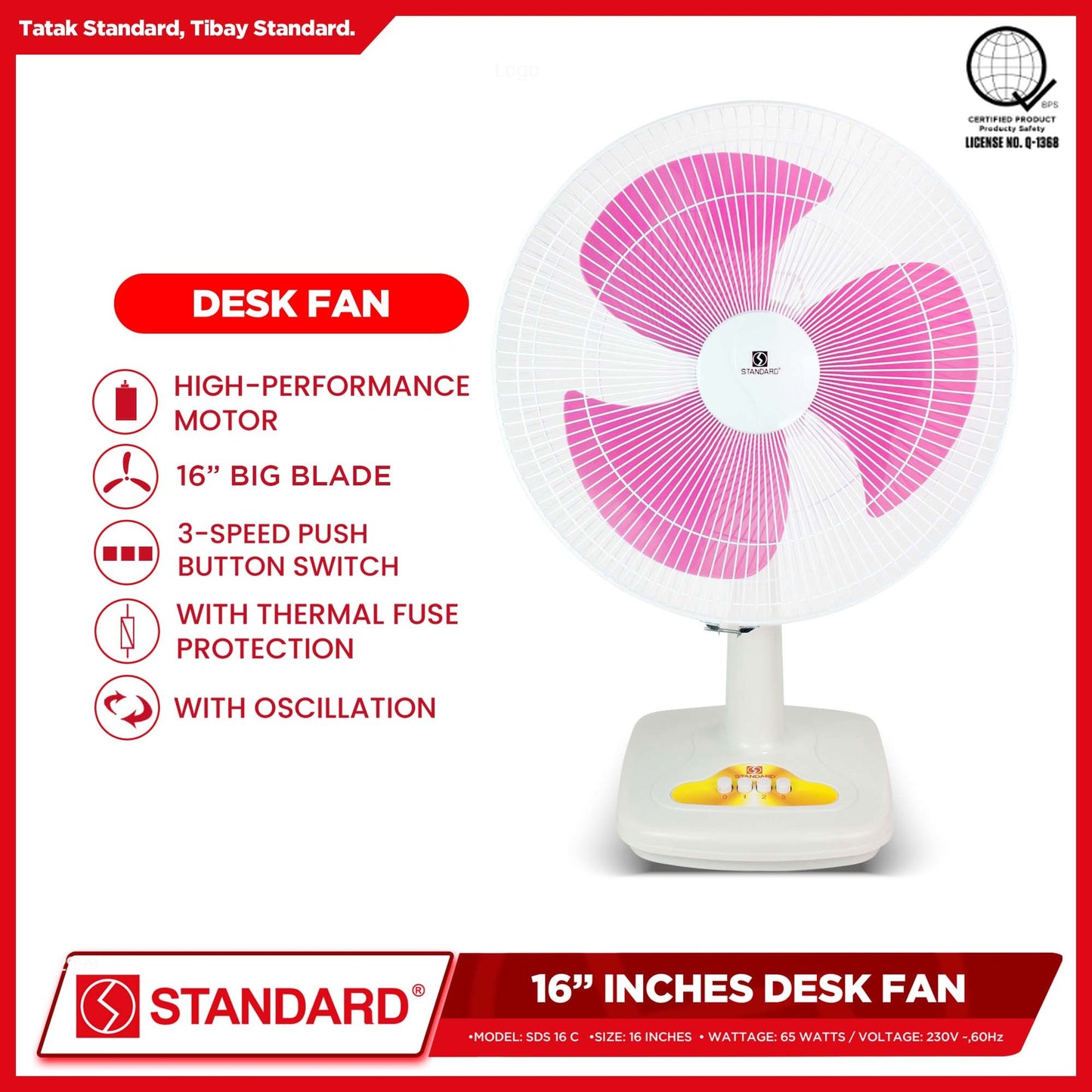 Standard Desk Fan 16" Big Plastic Blade