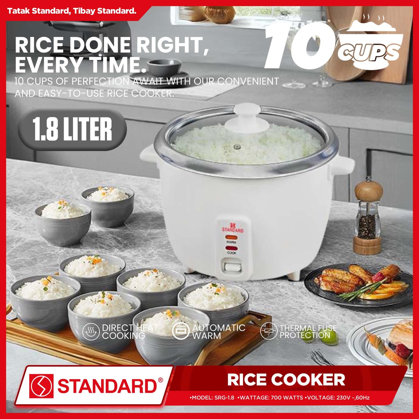 Standard Rice Cooker 1.8L Plain White