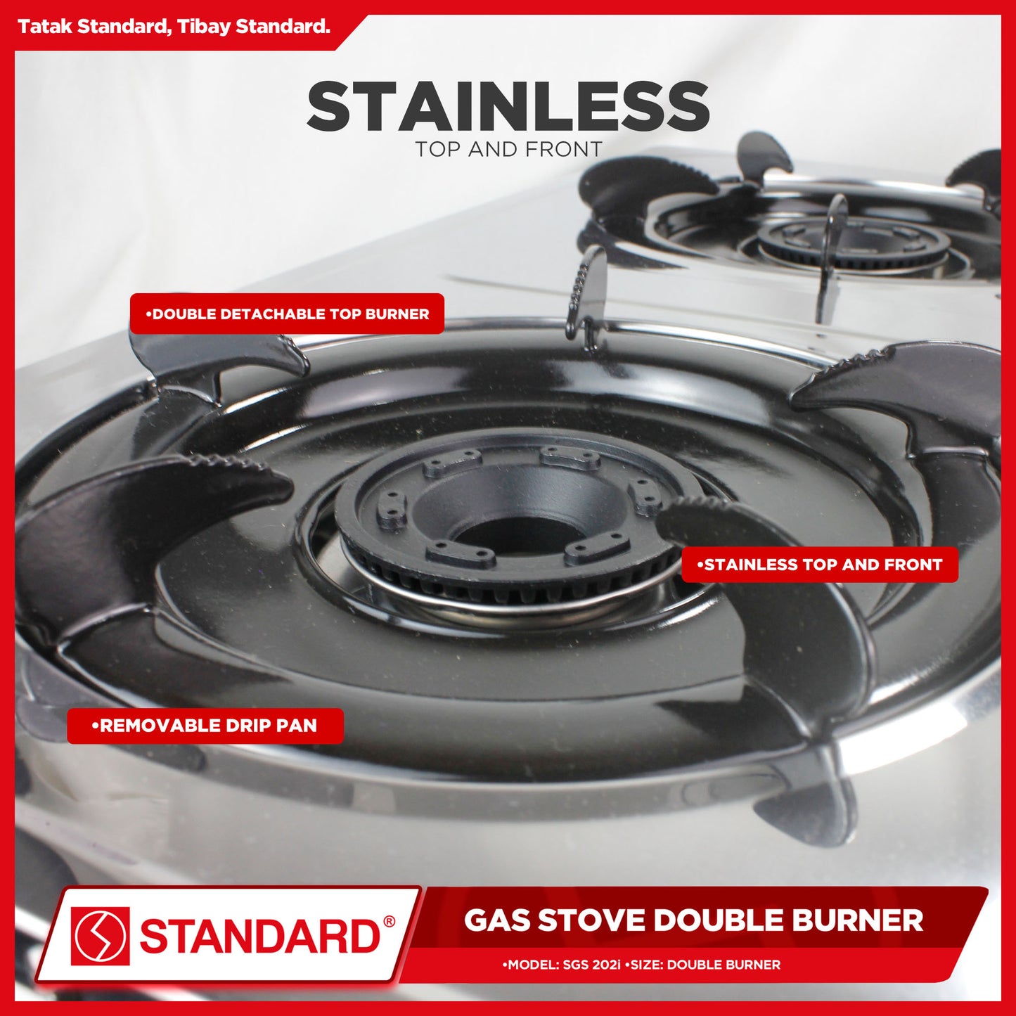 Standard Gas Stove Double Burner LPG Stove Stainless Steel (Automatic Ignition) SGS-202i