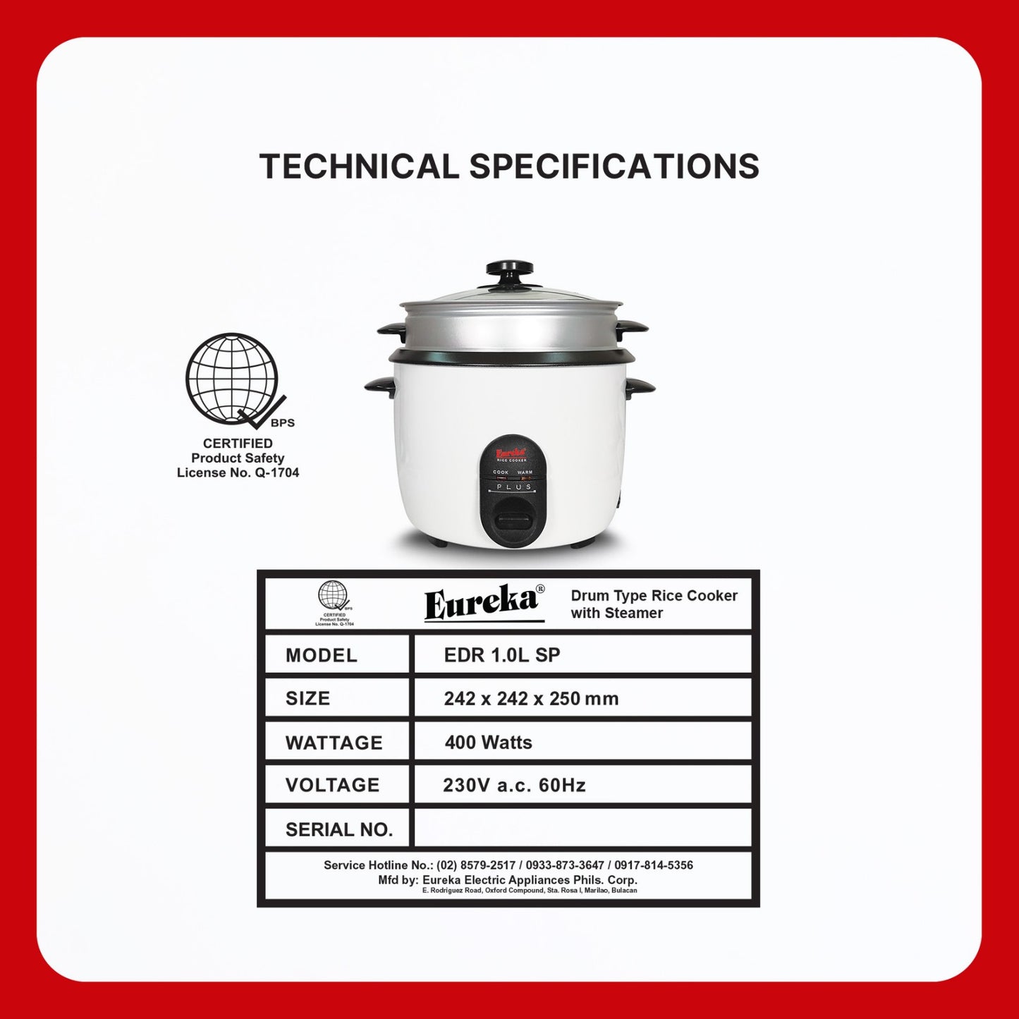 Eureka Rice Cooker Drum Type With Steamer 9-Cups Suitable For 1–6 People 1.0L & 1.5L & 1.8L SP