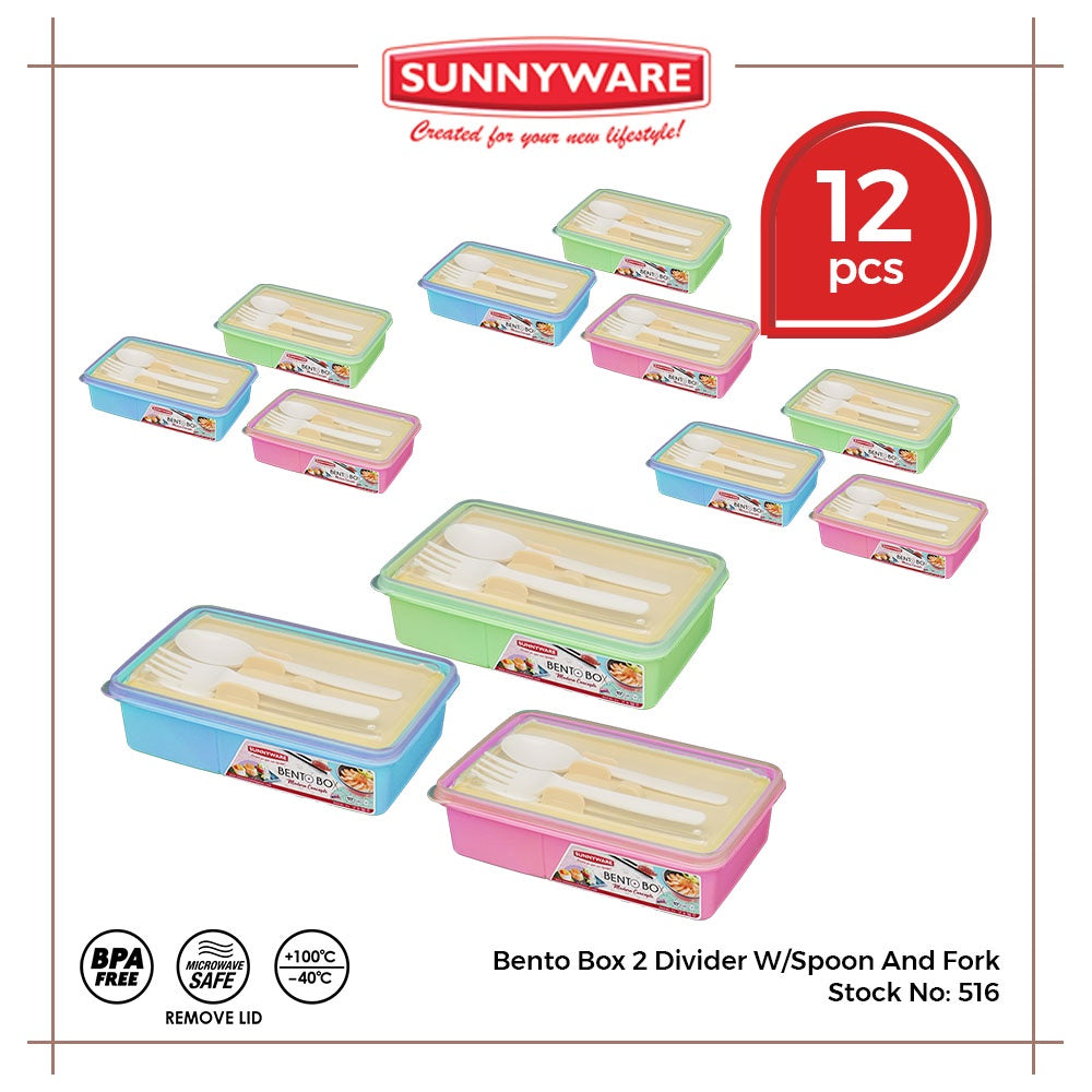 12pcs Bento Box 2 Divider w/ Spoon and Fork [Sunnyware 516] | Plasticware | Lunch Box | Food Keeper