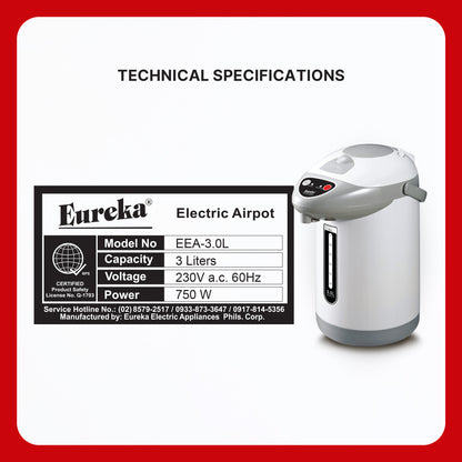 Eureka Electric Airpot Thermos 3 Easy Way Dispense EEA 3.0L