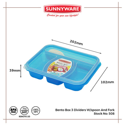 1 pc Sunnyware 508 Bento Box 3 Divisions Lunch Box w/ Spoon Fork