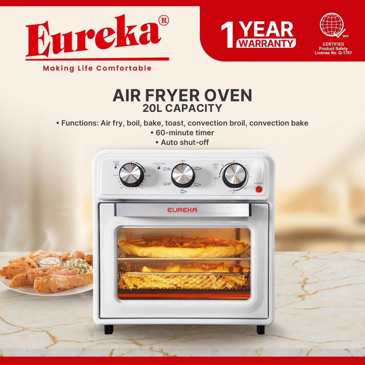 Eureka 20L Air Fryer Oven High Capacity Electric Toaster Bake Grill EEAO 20L - BLACK/WHITE