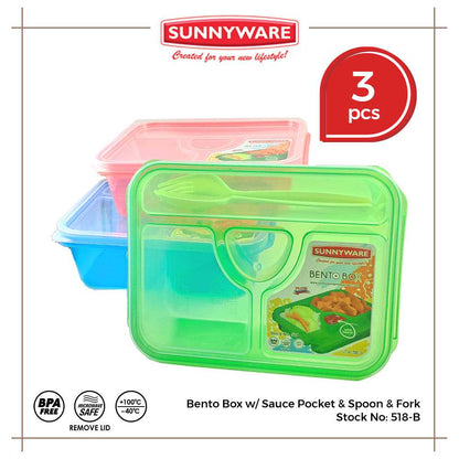 3pcs Big Bento Box w/ Sauce Pocket & Spoon & Fork [Sunnyware 518-B] |Plasticware|Lunch Box |BPA Free